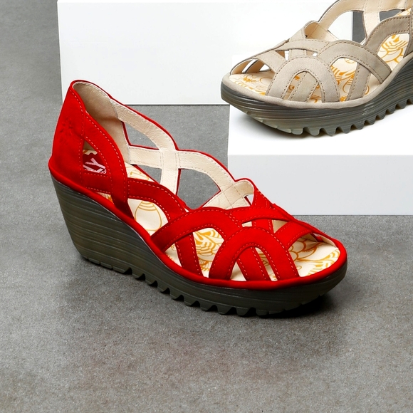 Fly London Red Suede Yadi Cutout Wedge Sandals Size 42 Artsy Comfort Boho Retro - Picture 1 of 9